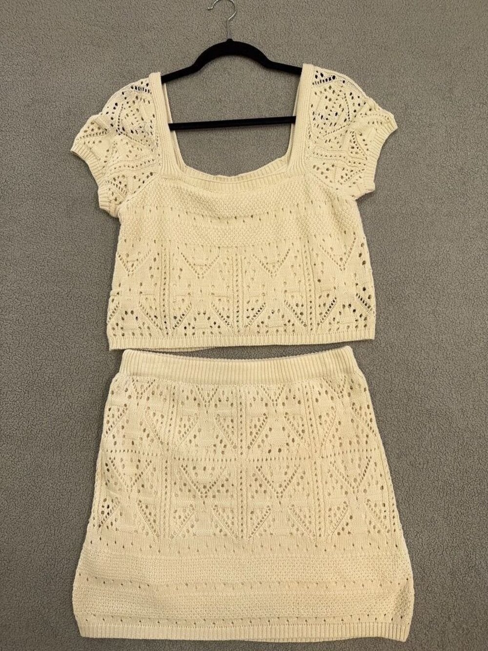 Freshman 1996 Crochet Knit Crop Top Mini Skirt Set Cream Size L Cottagecore